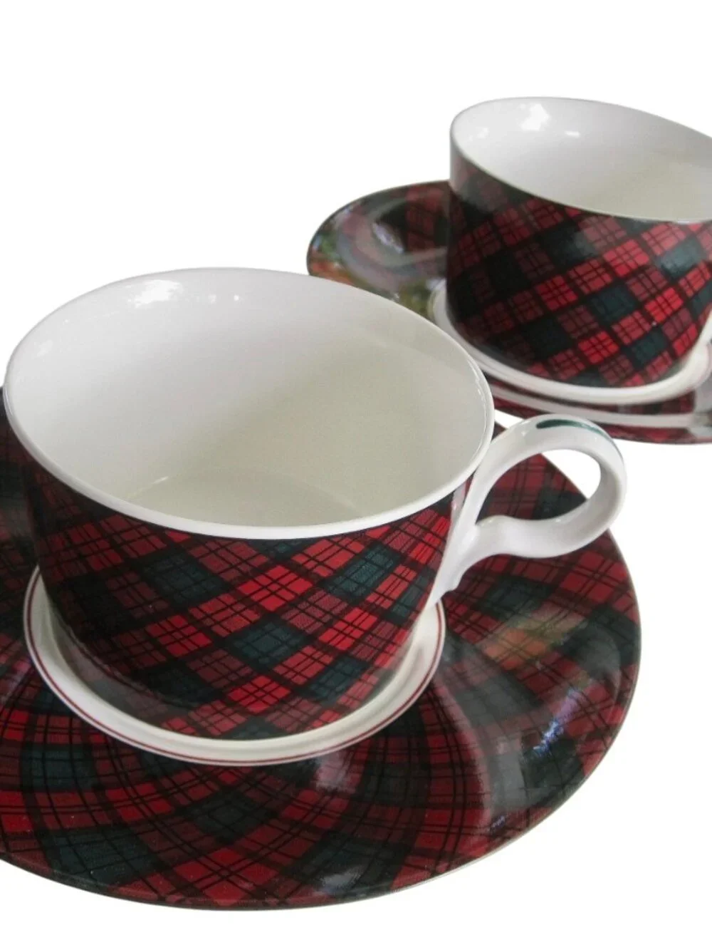 Vintage 80s Arita Tartan Red Plaid Cup & Saucer 2 Sets Preppy Christmas JAPAN